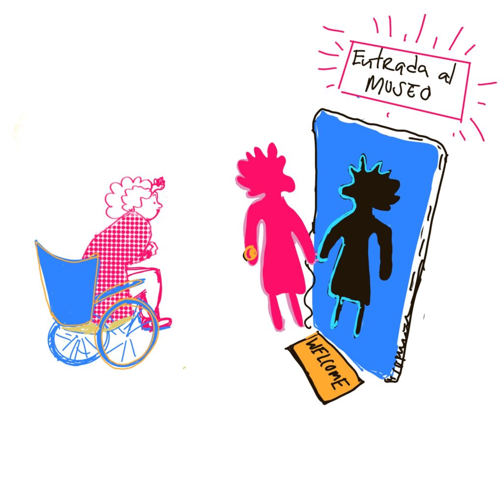 Ilustración de una mujer en silla de ruedas frente a la entrada de un museo, la cual tiene un tapete que dice Bienvenido en inglés y cuya puerta tiene una silueta por la cual la persona antes descrita no encaja y por lo tanto no le es posible entrar.