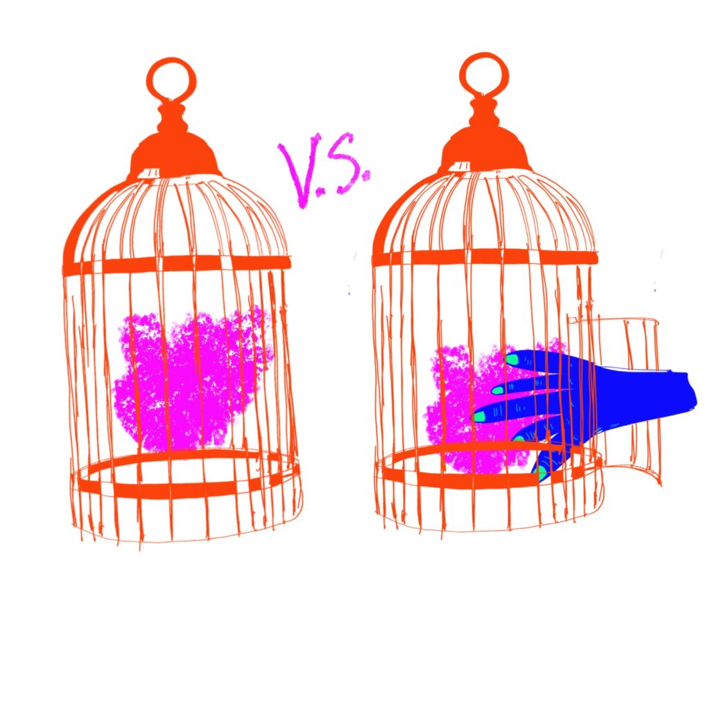 Ilustración que presenta 2 jaulas con una silueta amorfa dentro, una esta cerrada y la otra tiene una puerta abierta por la cual entra una mano que puede tocar la silueta y relacionarse con ella de otras maneras